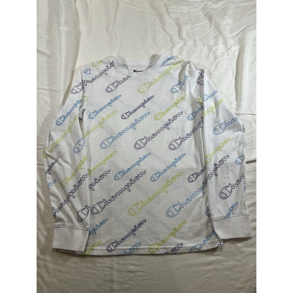 Champion Shirt Boys L White Graphic Spellout Logo AOP Long Sleeve Youth‎ Kids